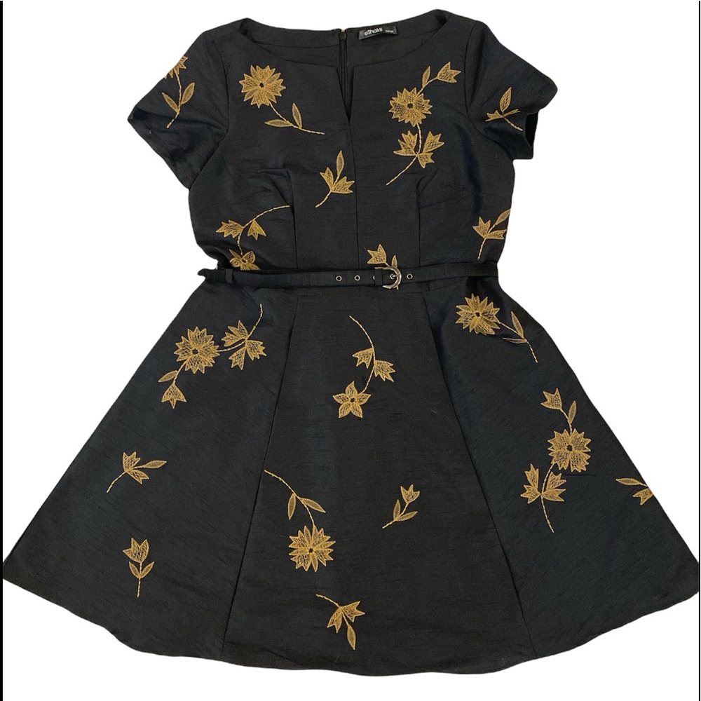 eShakti Black Dress with Gold Floral Embroidery — NWOT — Size Medium